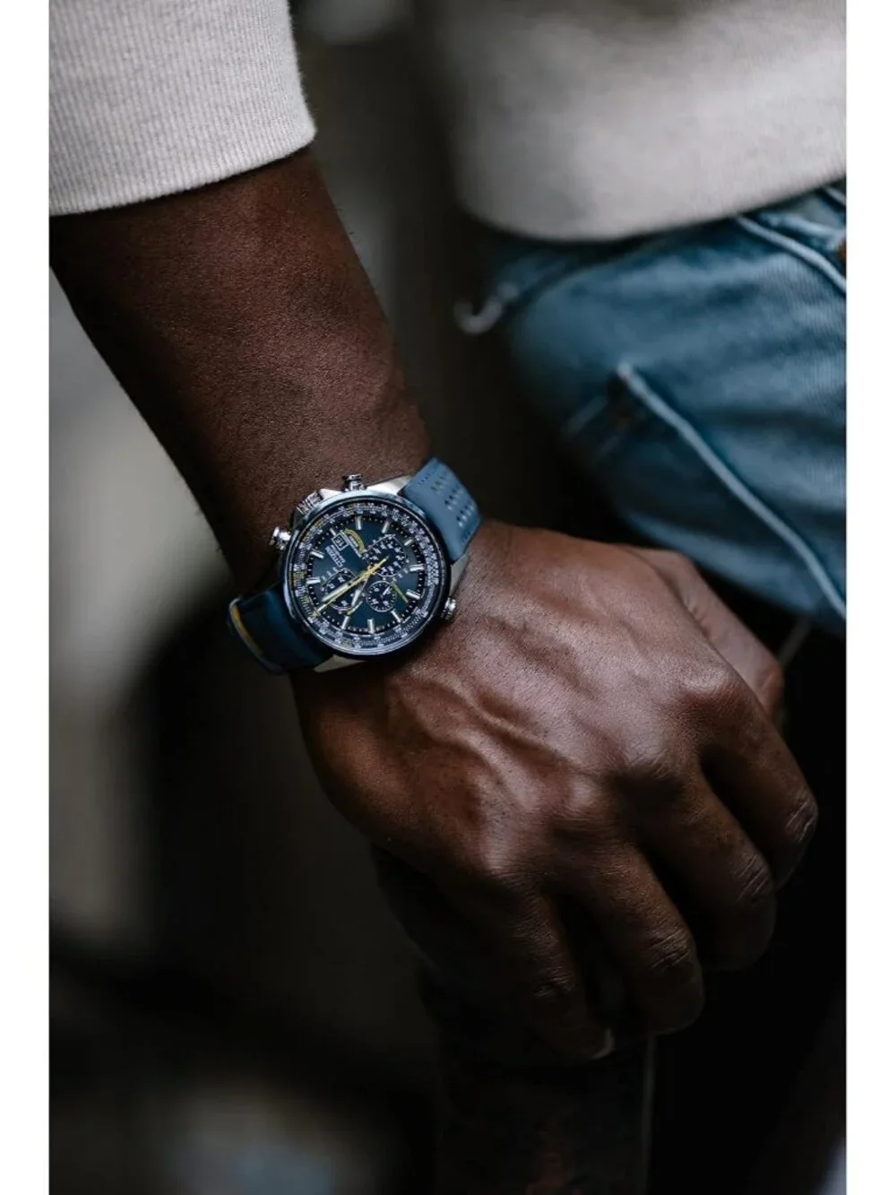 Men's Blue Leather Strap and Blue Dial Eco-Drive Sport Luxury Chronograph Watch